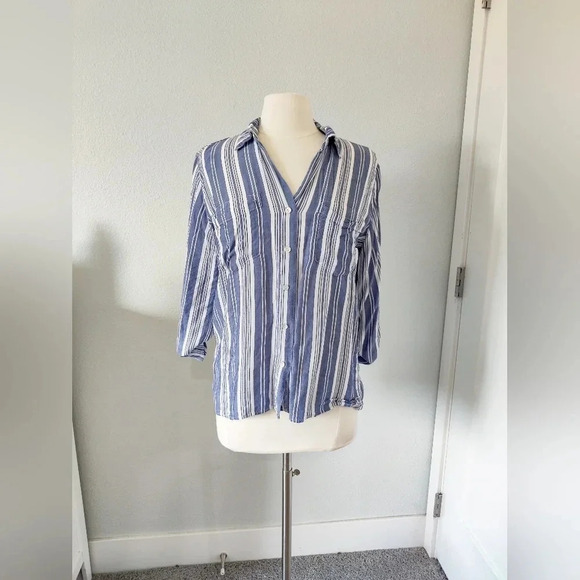 Heros & Dreamers Blue and White Striped Button Down Blouse. - Picture 1 of 10